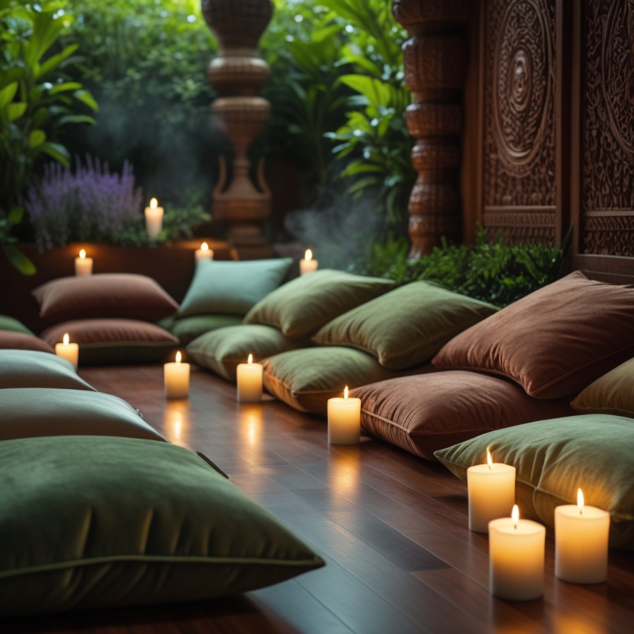 Meditation room with cushions and candles